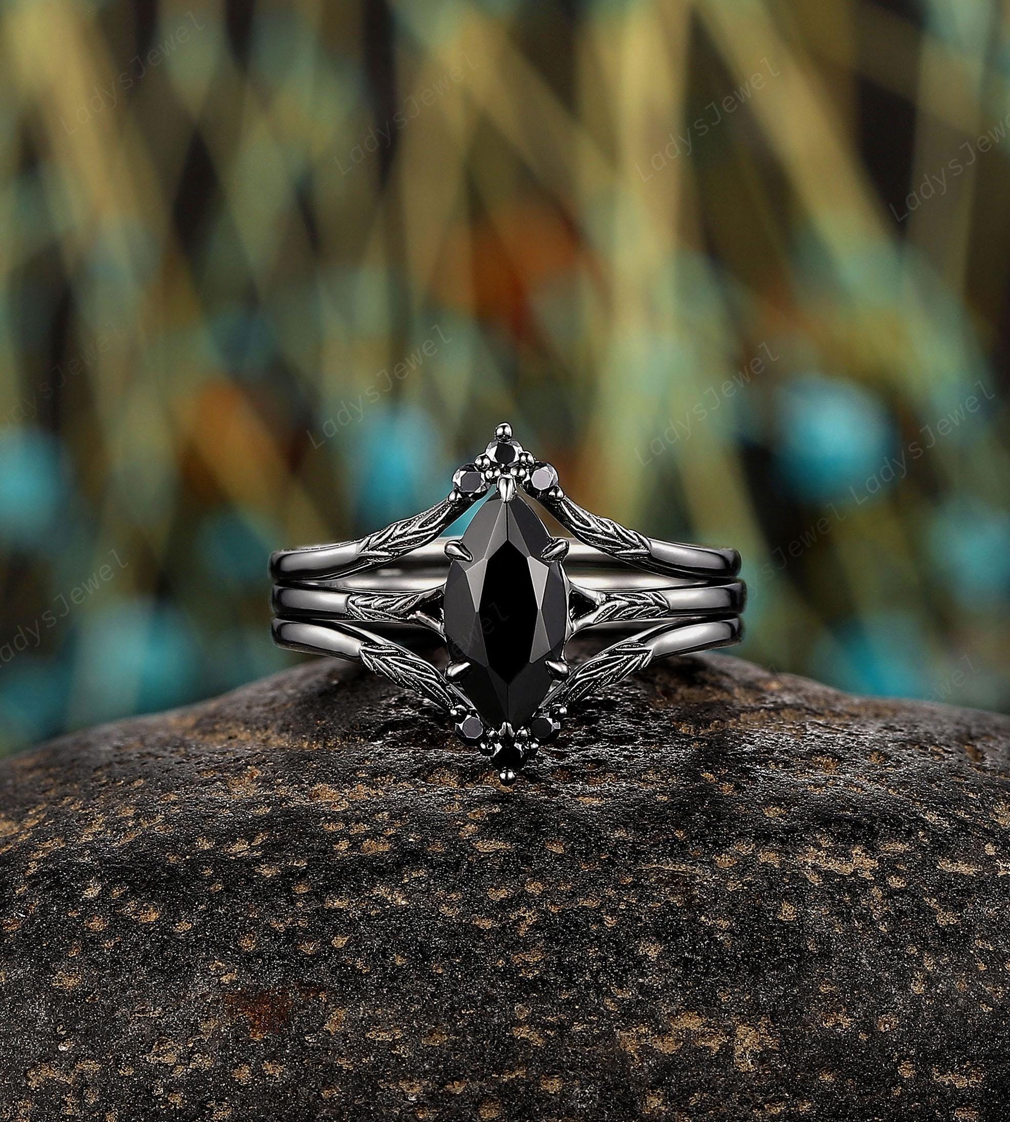 Gothic Marquise Cut Black Onyx Engagement Ring Rhodium Black Gold