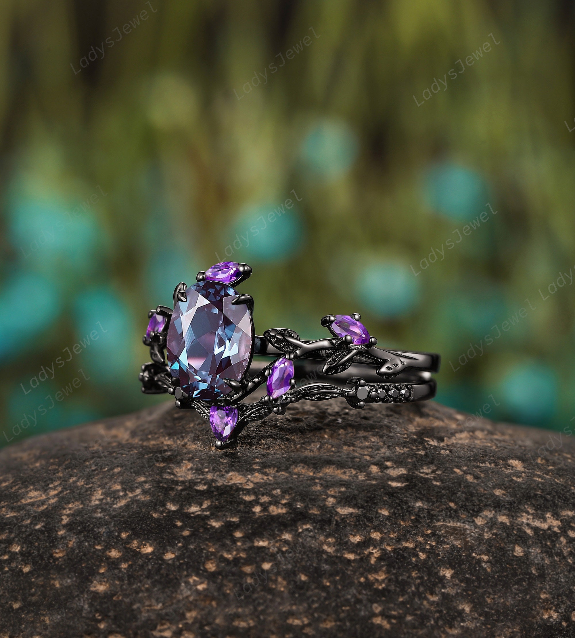 Gothic Oval Cut Alexandrite Engagement Rings 14K Black Gold Twig