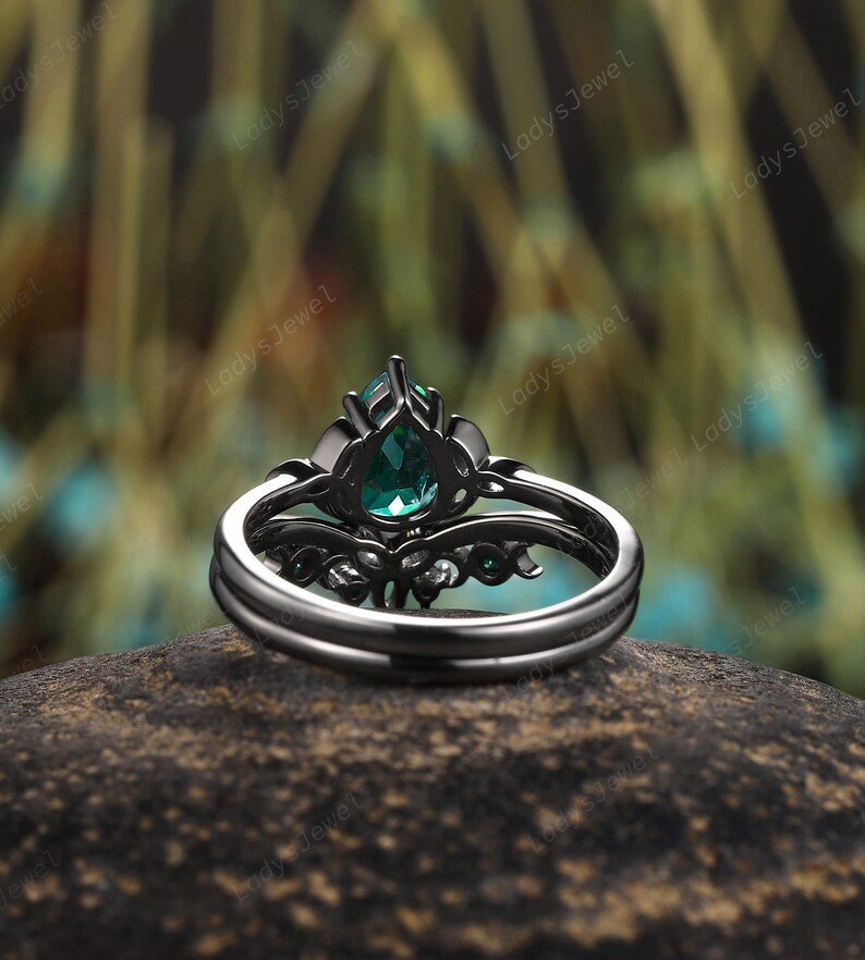 Gothic Pear Emerald Engagement Ring Set, Rhodium Black Gold Celtic Knots Bridal Set, Solitaire May Birthstone Witchy Promise Ring for Women image 9