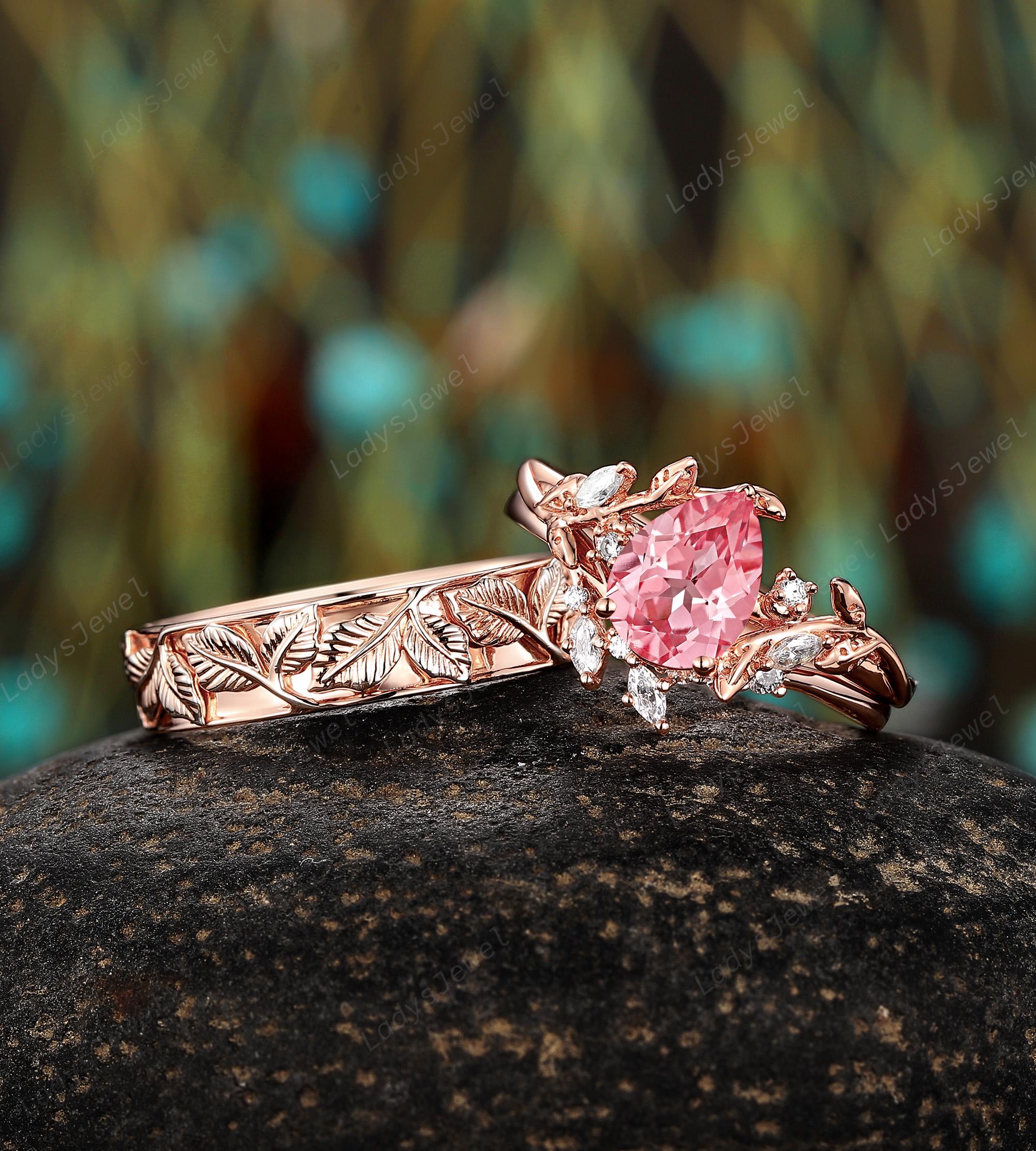 Pear Cut Pink Sapphire His and Hers Wedding Band, Platinum Twig