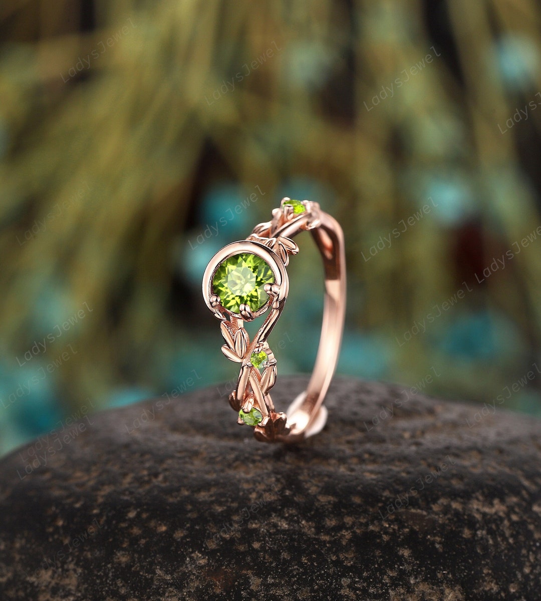 Round Shape Peridot Engagement Ring, Rose Gold Moon and Star