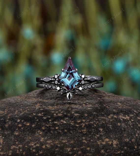 Gothic Kite Cut Alexandrite Engagement Ring Set 14K Black Gold
