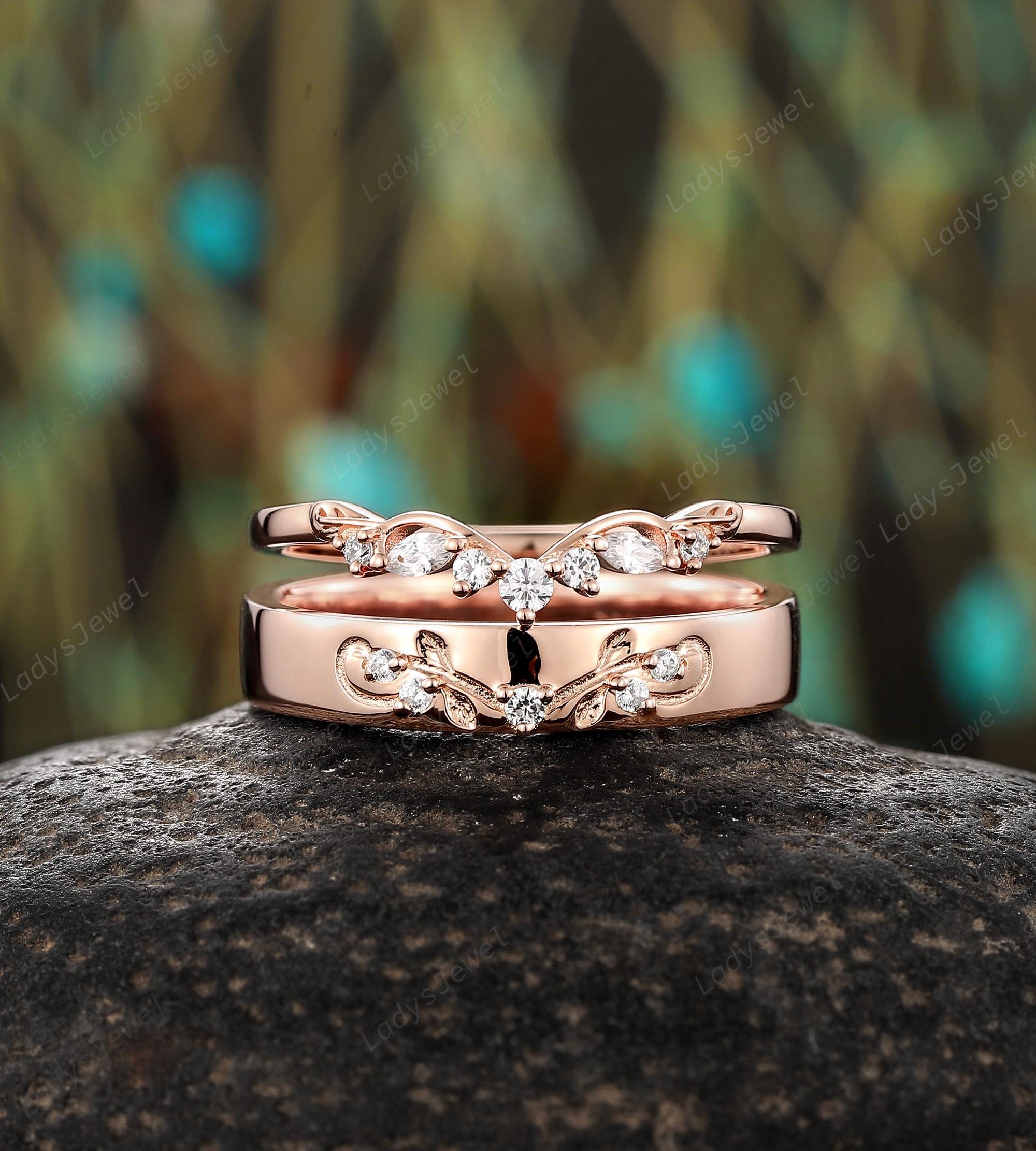 Nature Inspired His and Hers Wedding Band 14K Rose Gold Moissanite