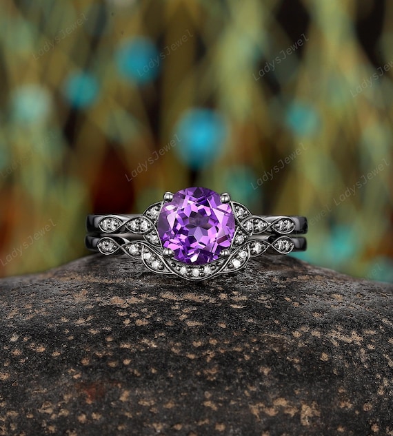 Vintage Round Cut Natural Amethyst Engagement Ring Rhodium Black