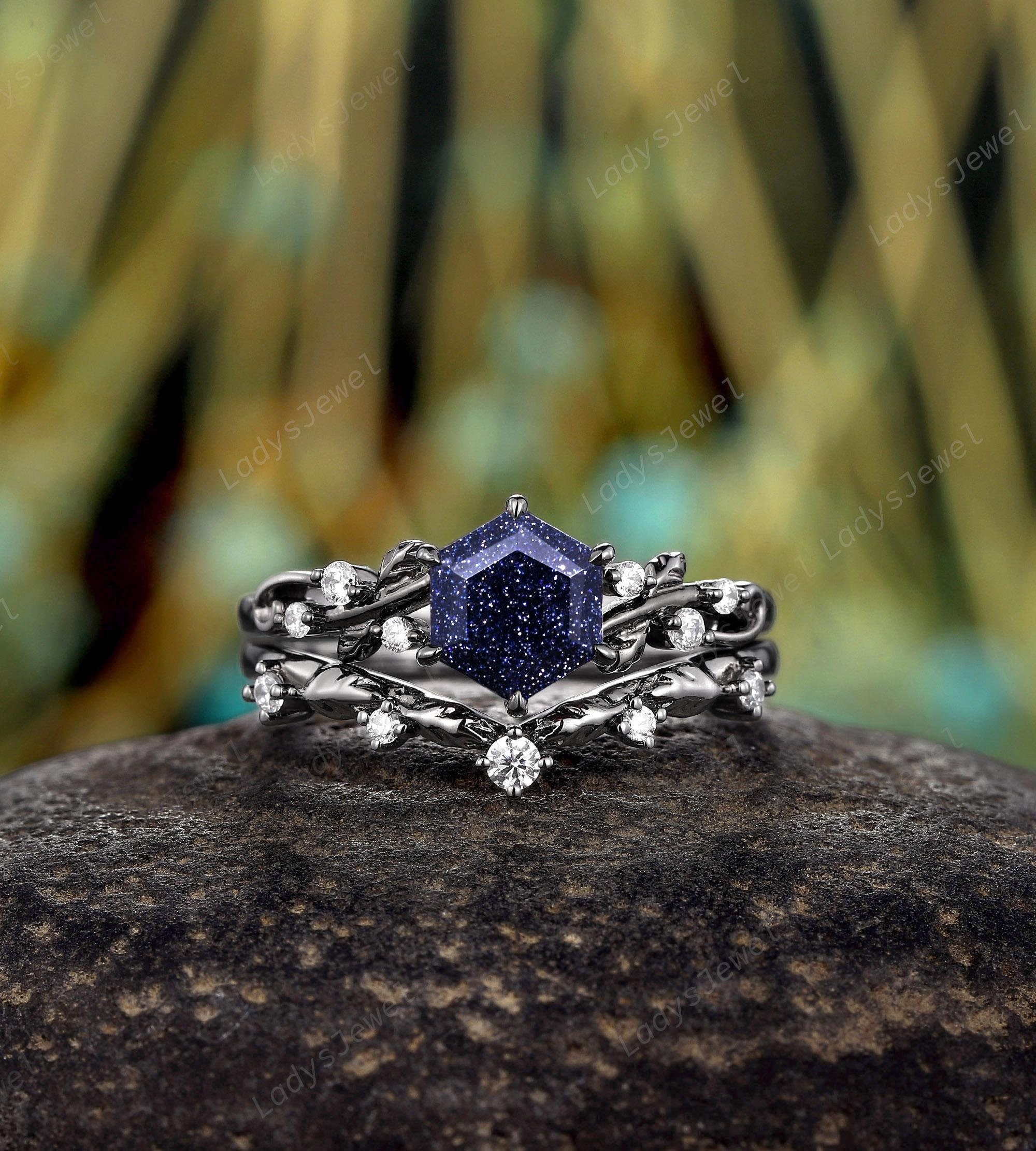 Hexagon Cut Orion Nebula Blue Sandstone Bridal Set, Rhodium Black