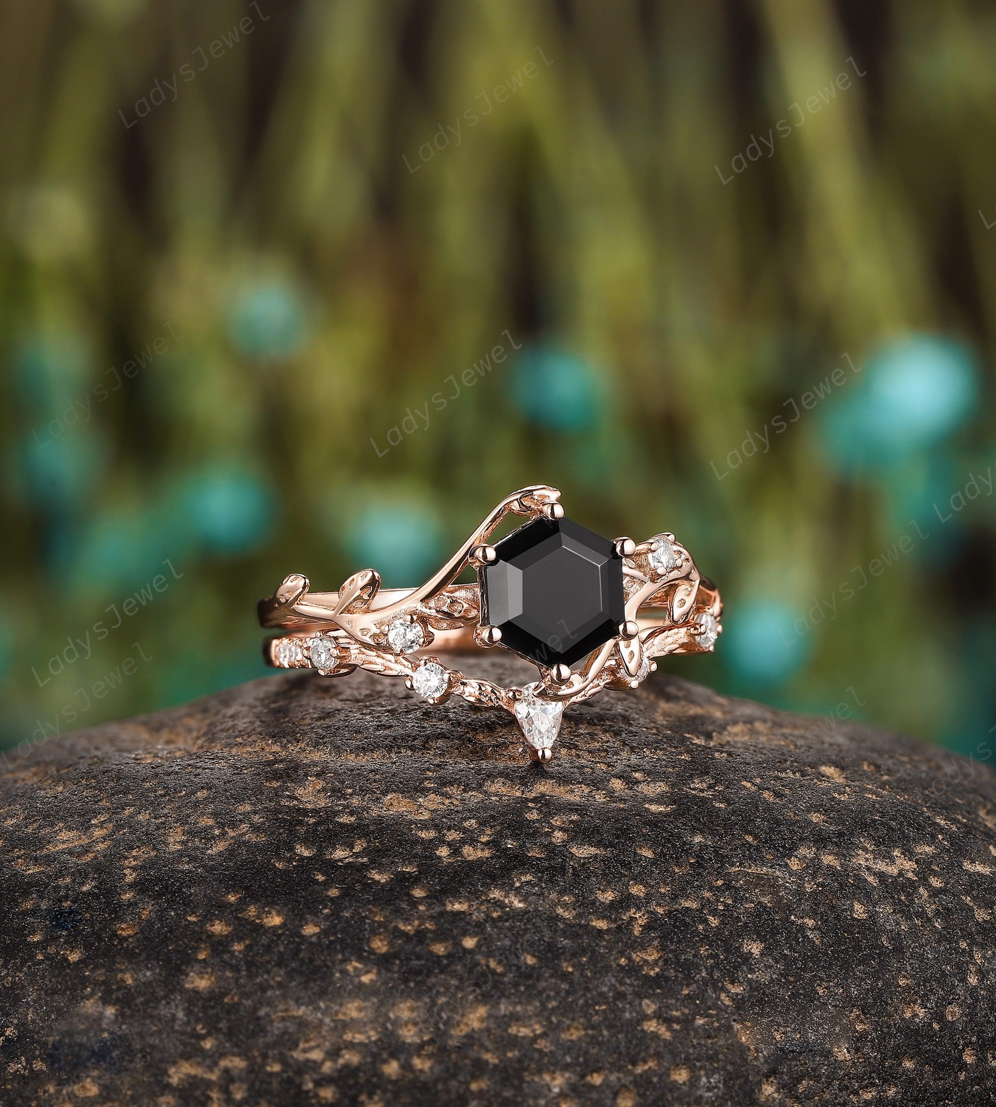 Hexagon Cut Black Onyx Engagement Ring Set, Unique Natural Vine