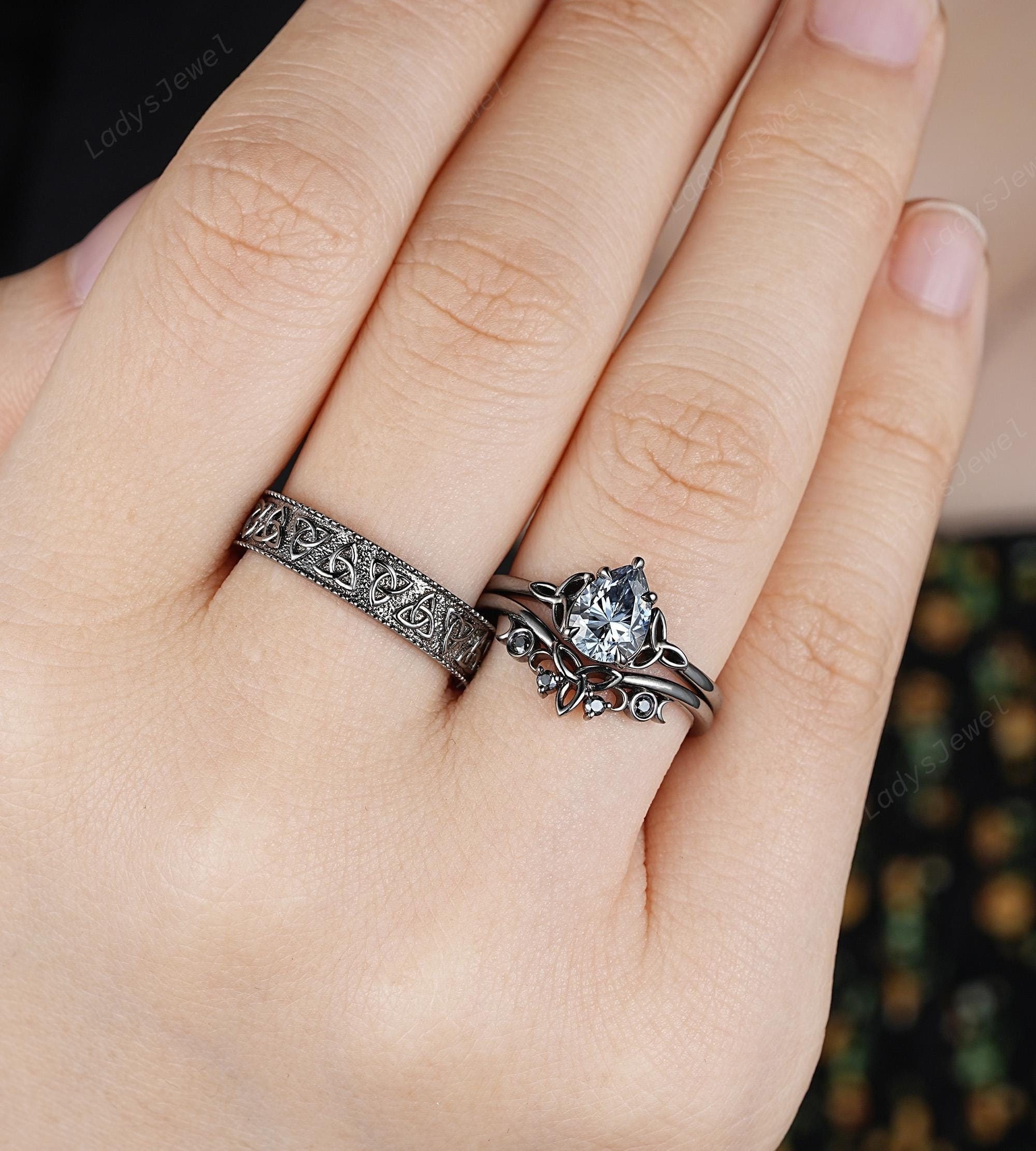 Pear Gray Moissanite Gothic His and Hers Wedding Band, 14K Black