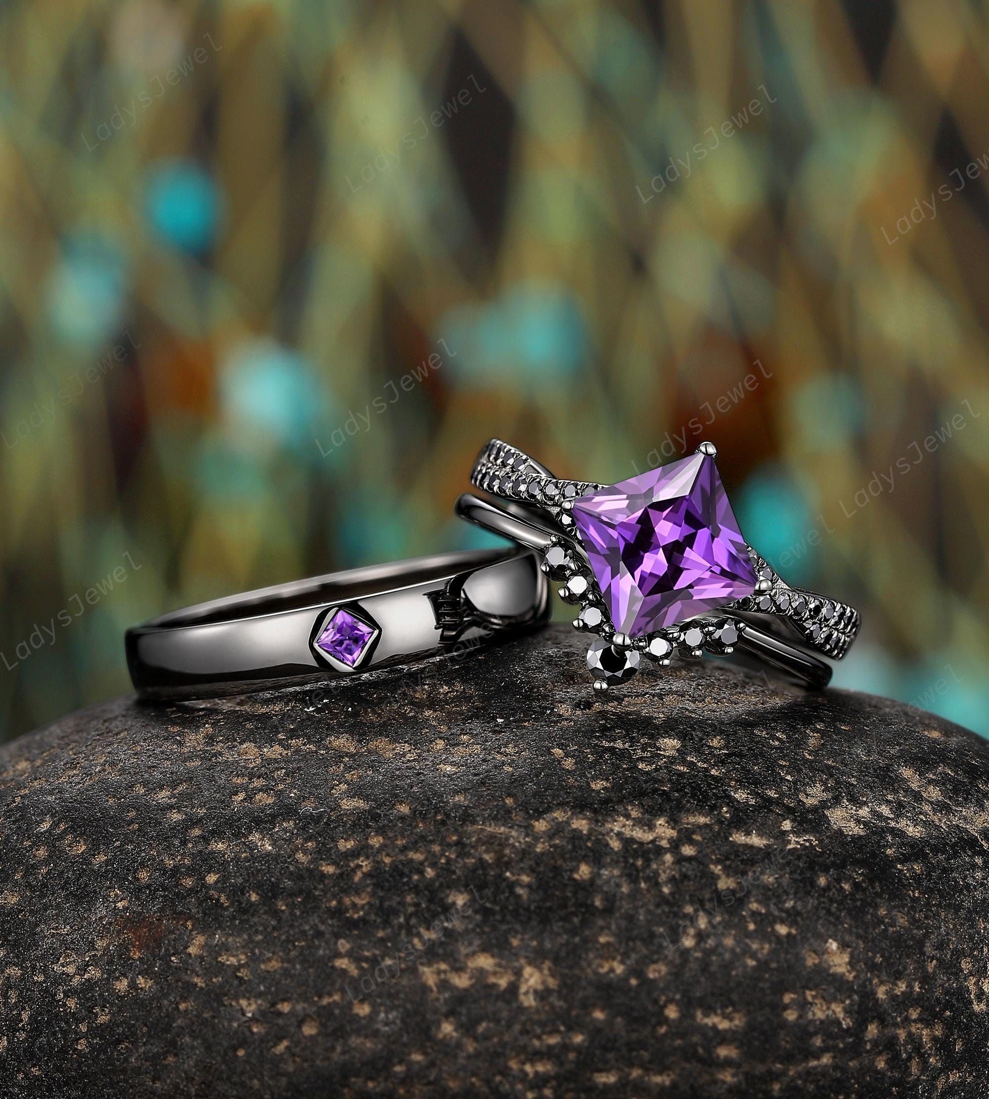 Princess Cut Amethyst His and Hers Wedding Bands Gothic Black Gold