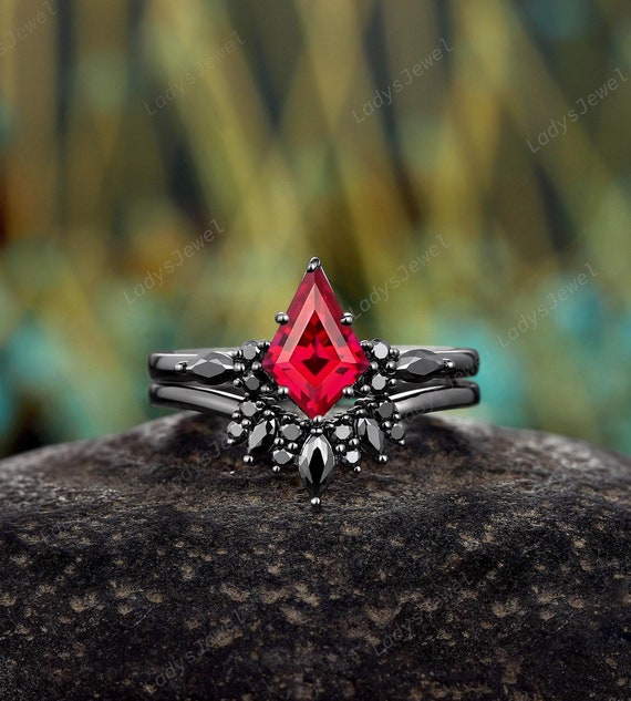 Vintage Kite Cut Ruby Gothic Bridal Set Rhodium Black Gold Red