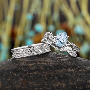 Pear Natural Aquamarine Couples Promise Ring Set, March Birthstone His and Hers Wedding Band, Twig Branch 14K White Gold Engagement Ring Set
