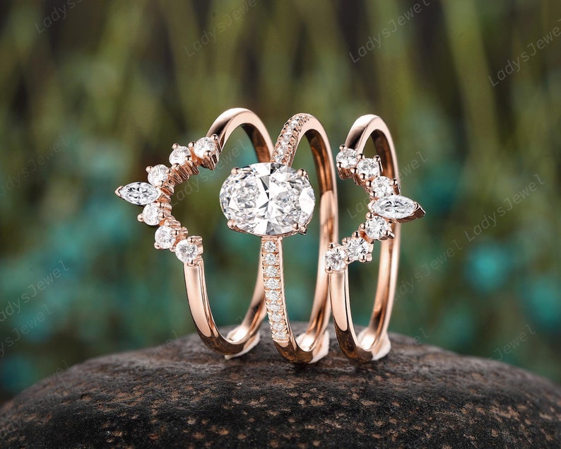 1 Carat Oval Lab Grown Diamond Ring Bridal Set 18K Rose Gold IGI Certified Engagement Ring Set 3PCS Pave Half Eternity Diamond Wedding Ring 3PCS Ring Set