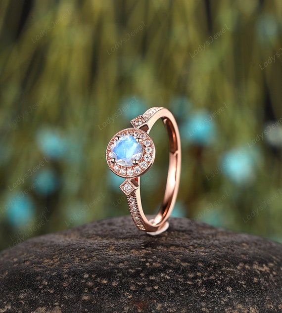 Unique Moonstone Halo Engagement Ring, Half Eternity Rose Gold