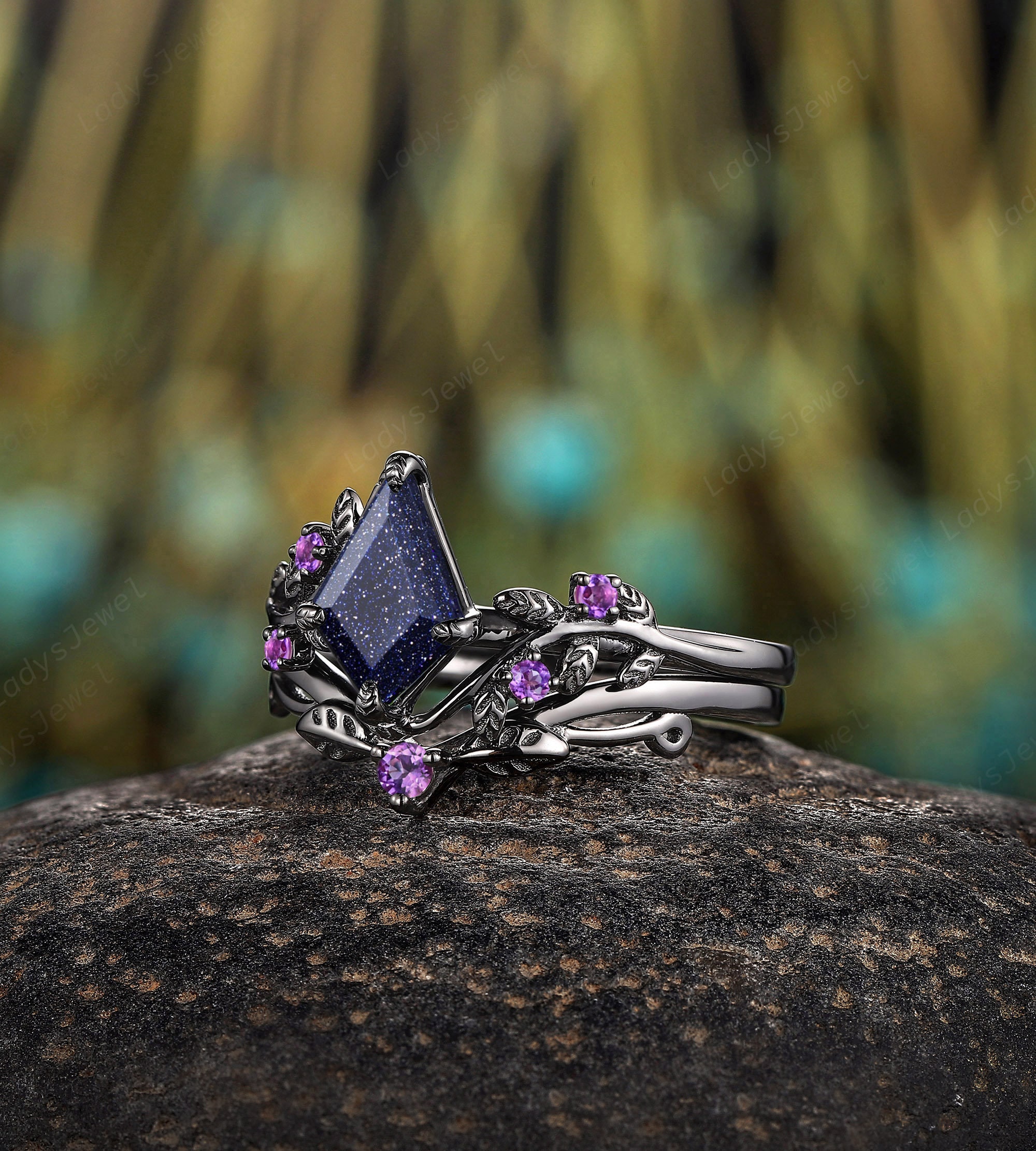 Nebula Blue Sandstone Gothic Bridal Set Rhodium Black Gold