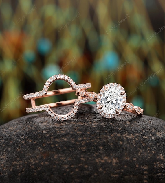 Carat Oval Cut Lab Grown Diamond Halo Bridal Set, 14K Rose Gold