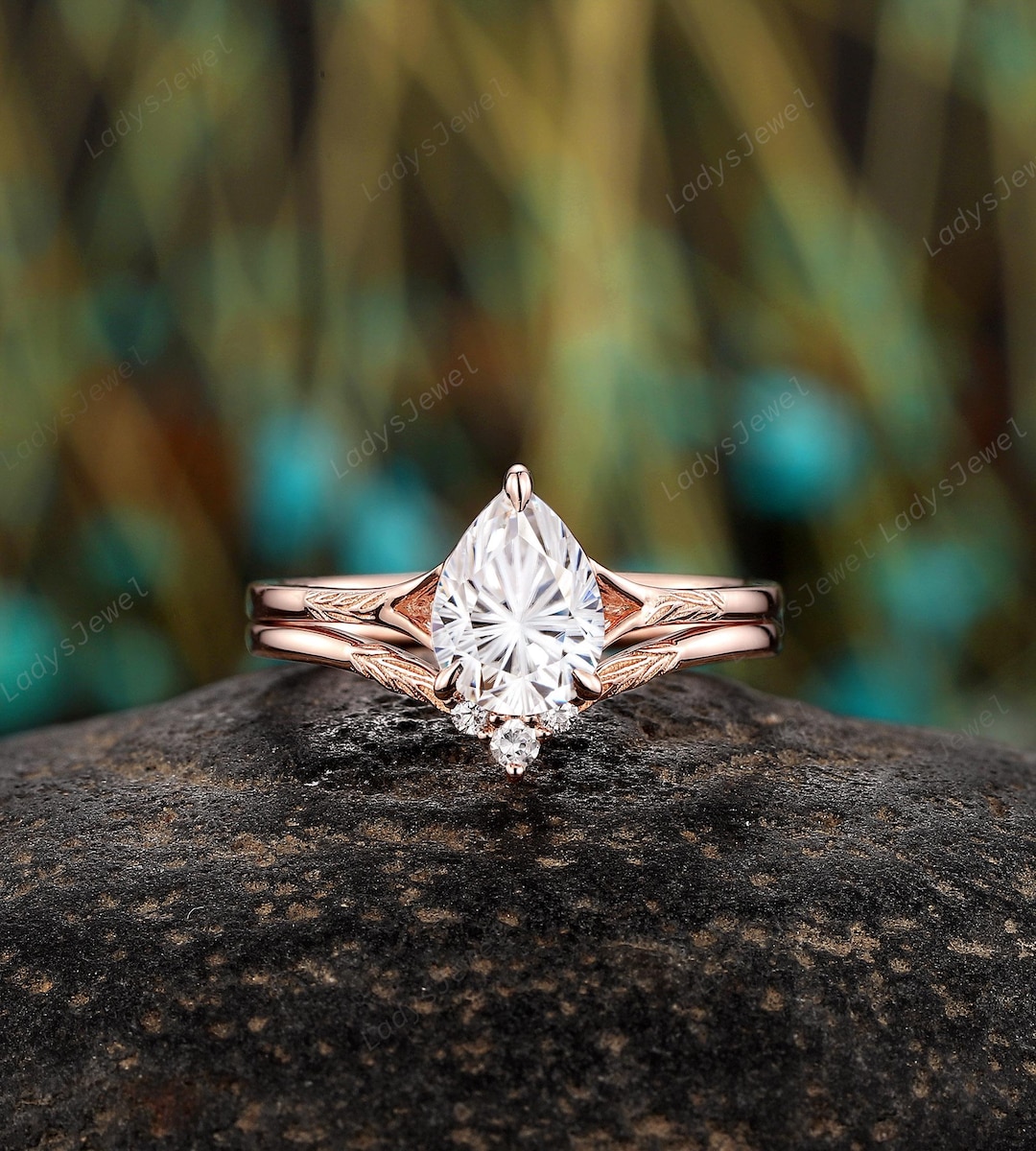 Fireworks Pear Shape Moissanite Engagement Ring, 14K Rose Gold