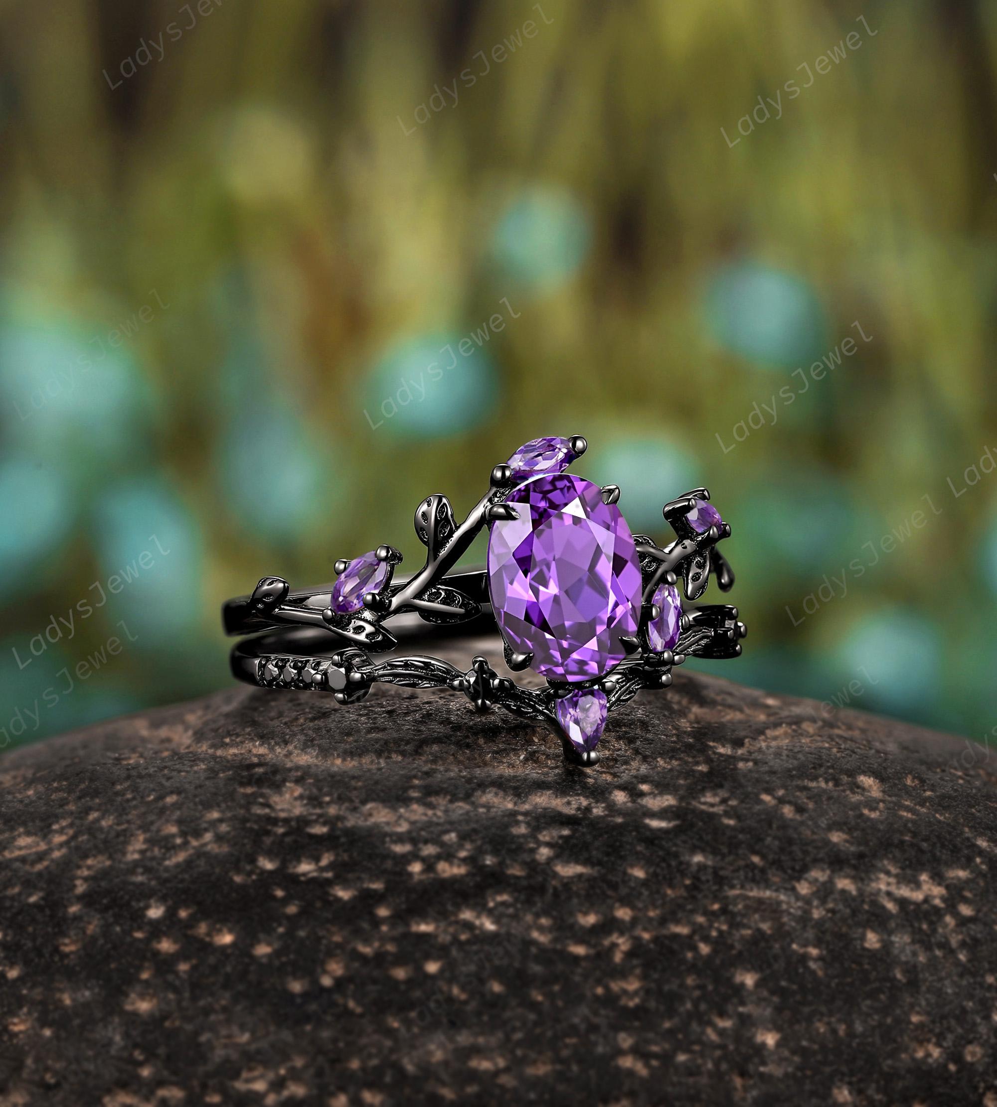 F37 パープルアゲートリング oval Gothic Oval Cut Purple Sapphire Engagement Ring Set Rhodium Black