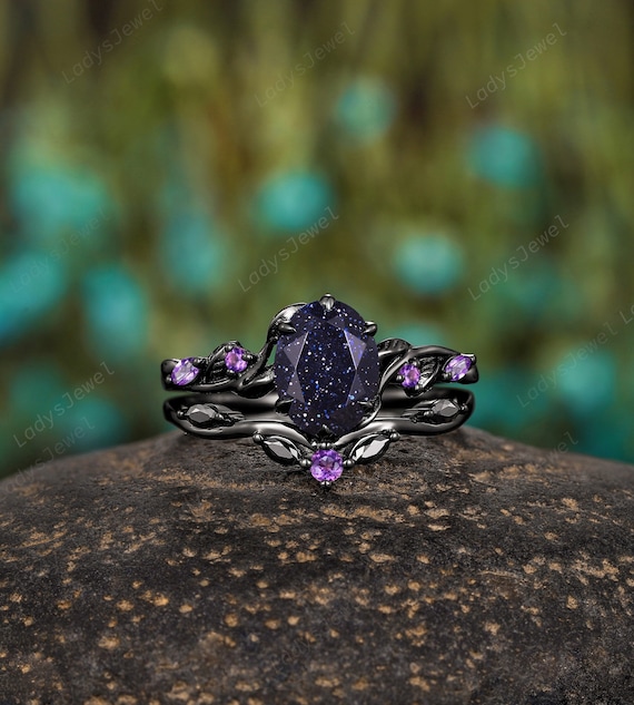 Nebula Blue Sandstone Gothic Bridal Set, Rhodium Black Gold