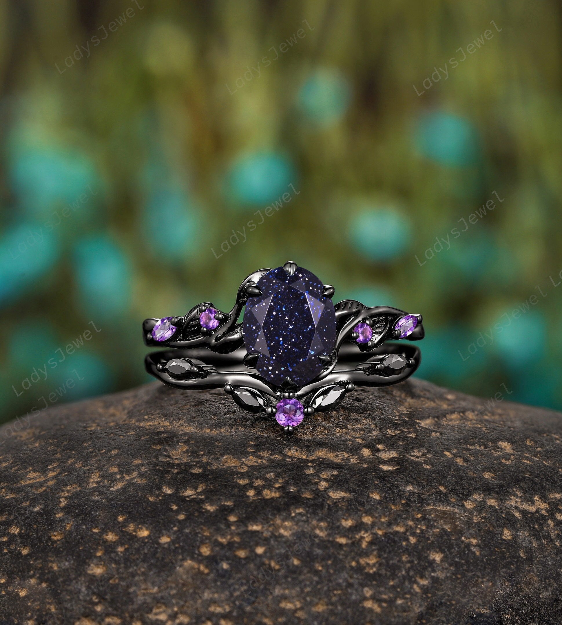 Nebula Blue Sandstone Gothic Bridal Set, Rhodium Black Gold
