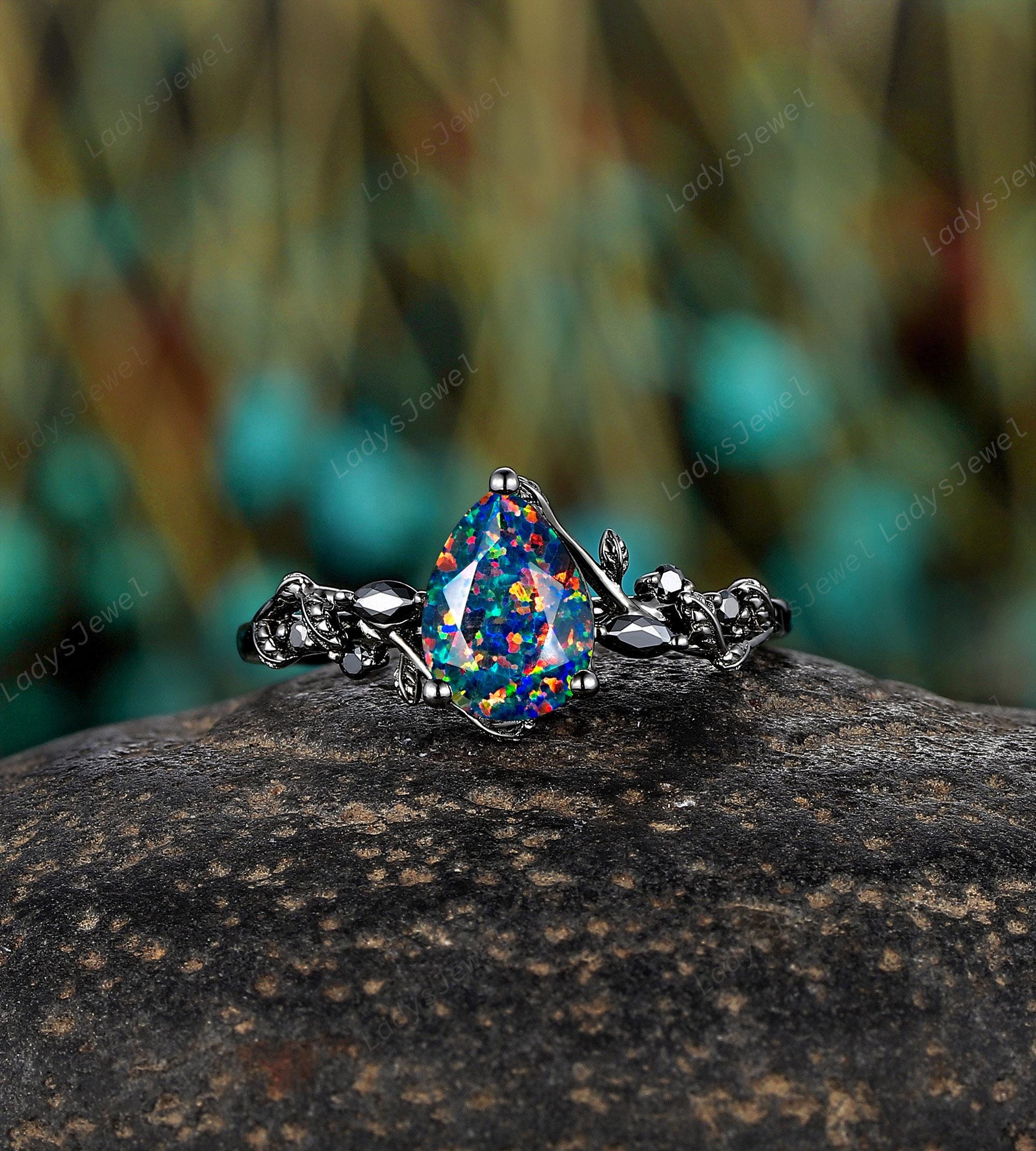 Pear Cut Facet Black Fire Opal Engagement Ring Rhodium Black Gold