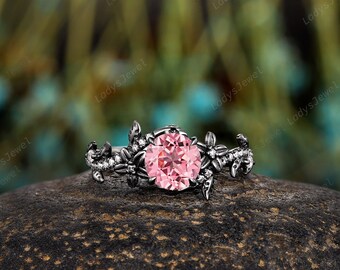 指輪・リング Pink sapphire Gothic Round Cut Pink Sapphire Engagement Ring Set Rhodium Black