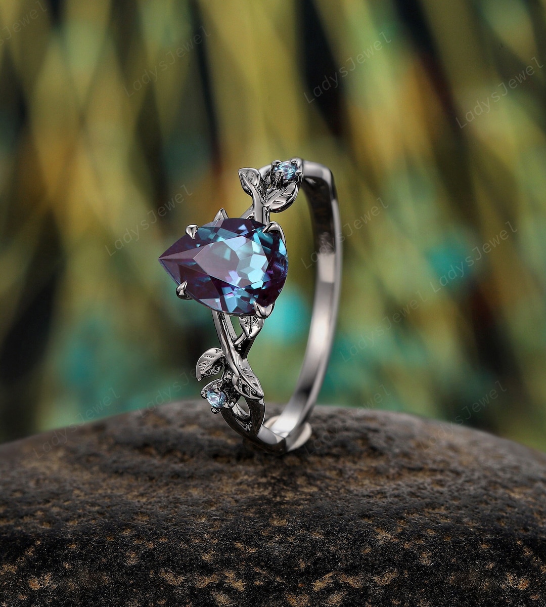 Gothic Pear Cut Alexandrite Engagement Ring Black Gold Wedding
