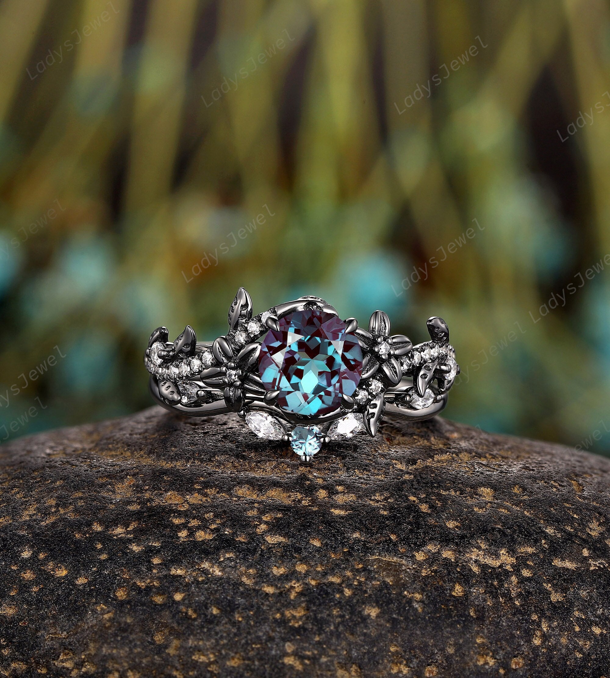 Gothic Round Cut Alexandrite Floral Bridal Set, Rhodium Black Gold