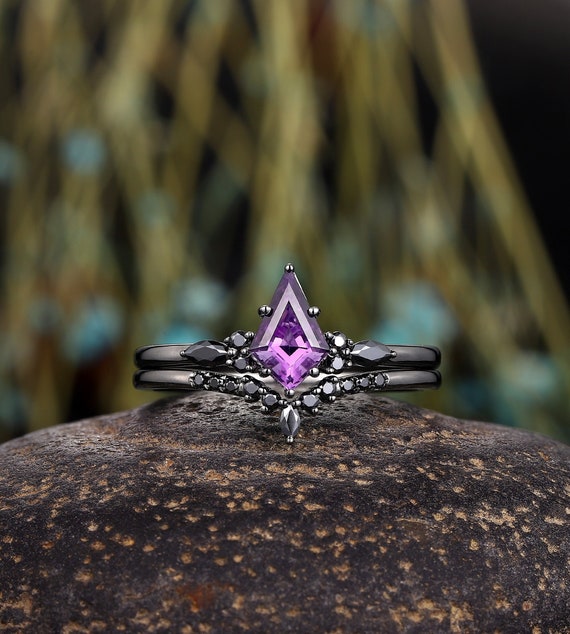 Black Gold Kite Cut Amethyst Engagement Ring Set, Witchy Rhodium