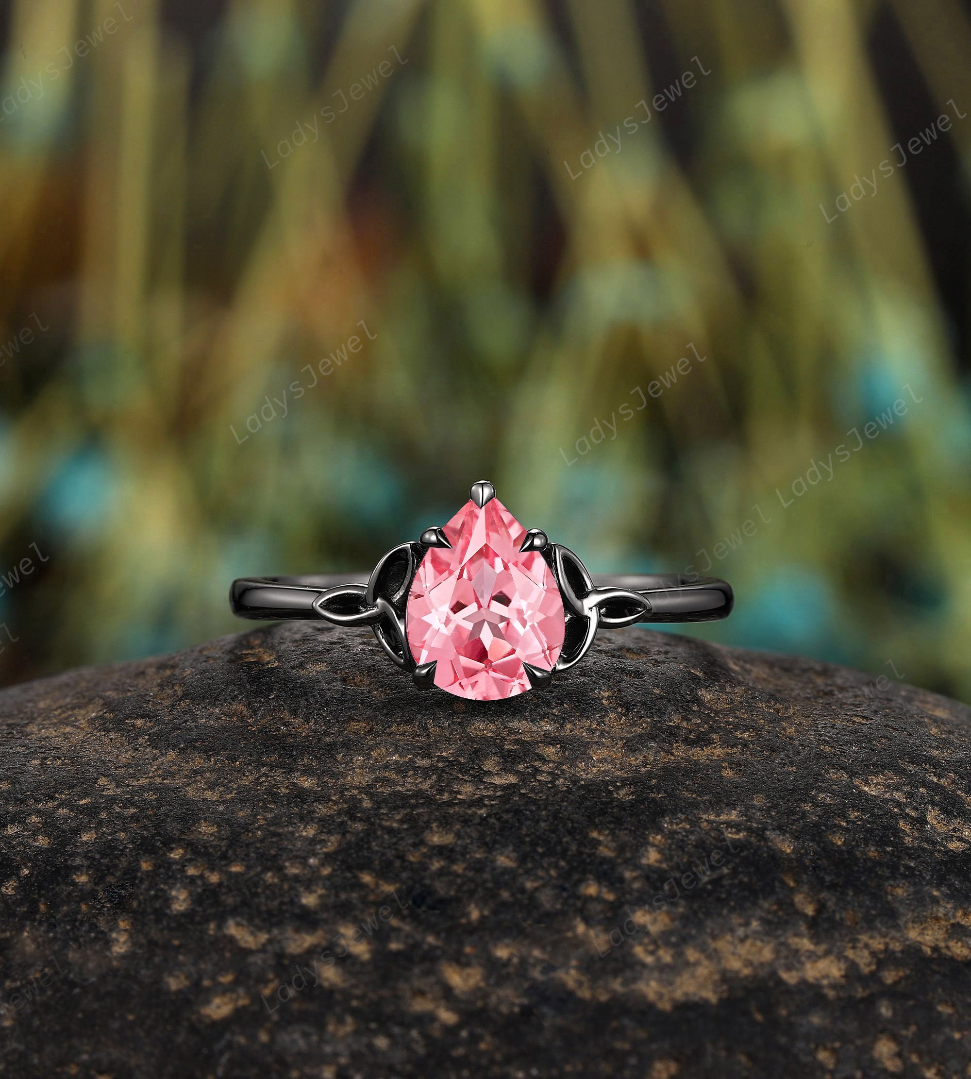 Gothic Pear Cut Pink Sapphire Engagement Ring Set Celtic Knots