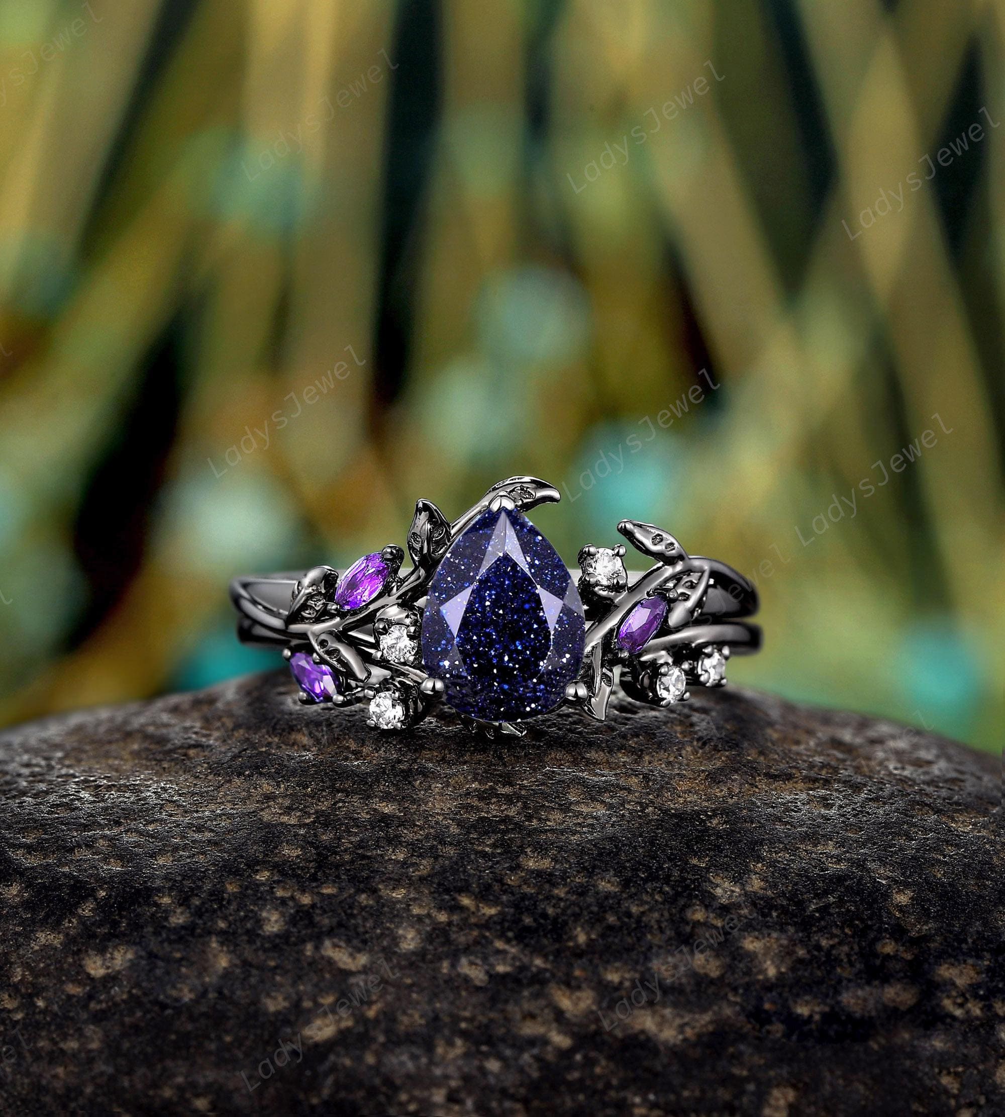 Orion Nebula Blue Sandstone Gothic Bridal Set, Rhodium Black Gold