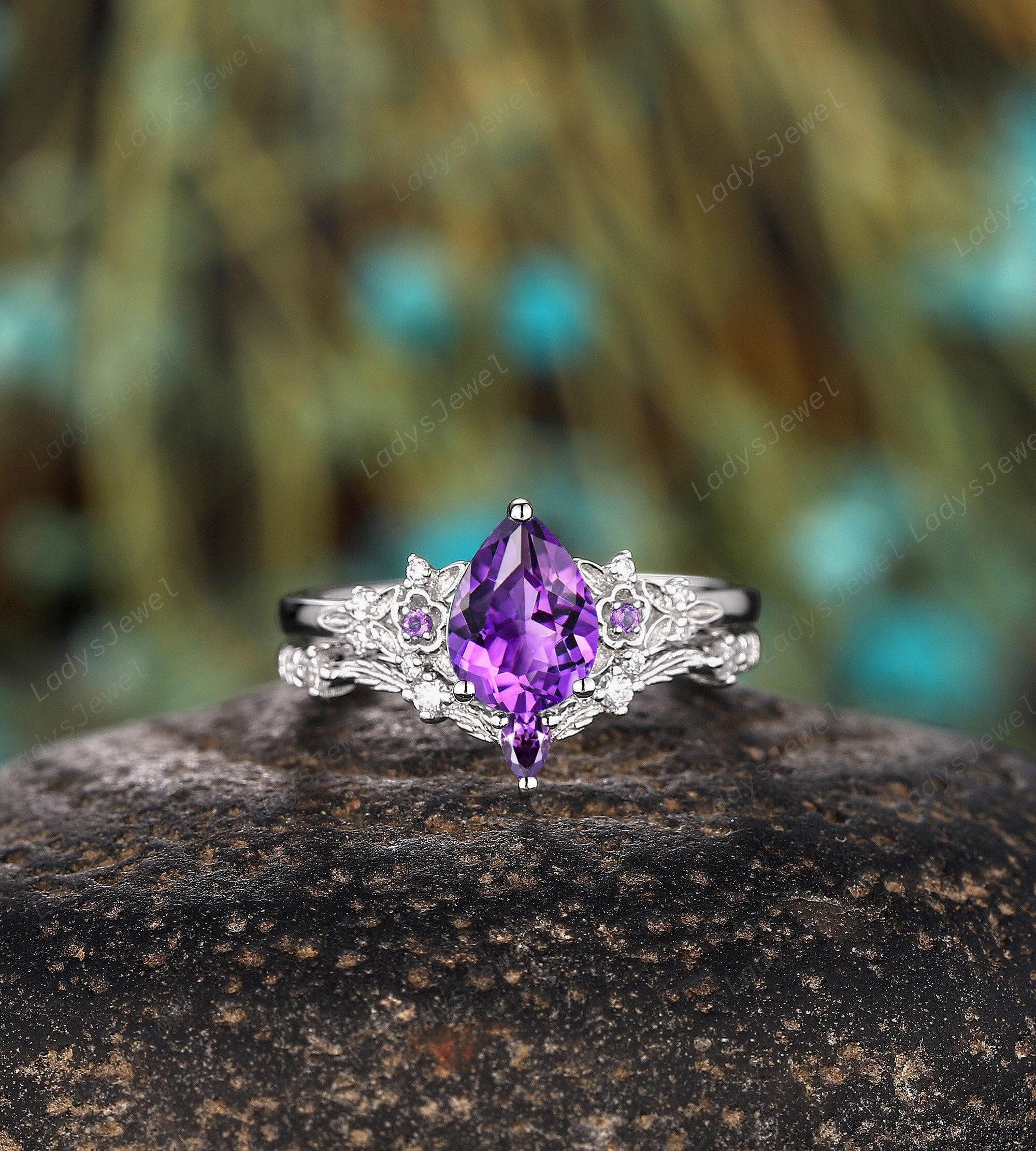 Vintage Pear Cut Amethyst Engagement Rings 14K White Gold Promise