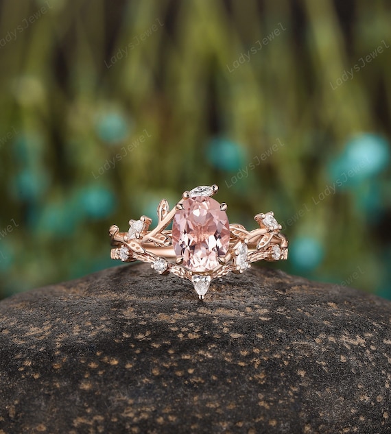 Unique Natural Morganite Engagement Ring Set 14K Rose Gold Oval