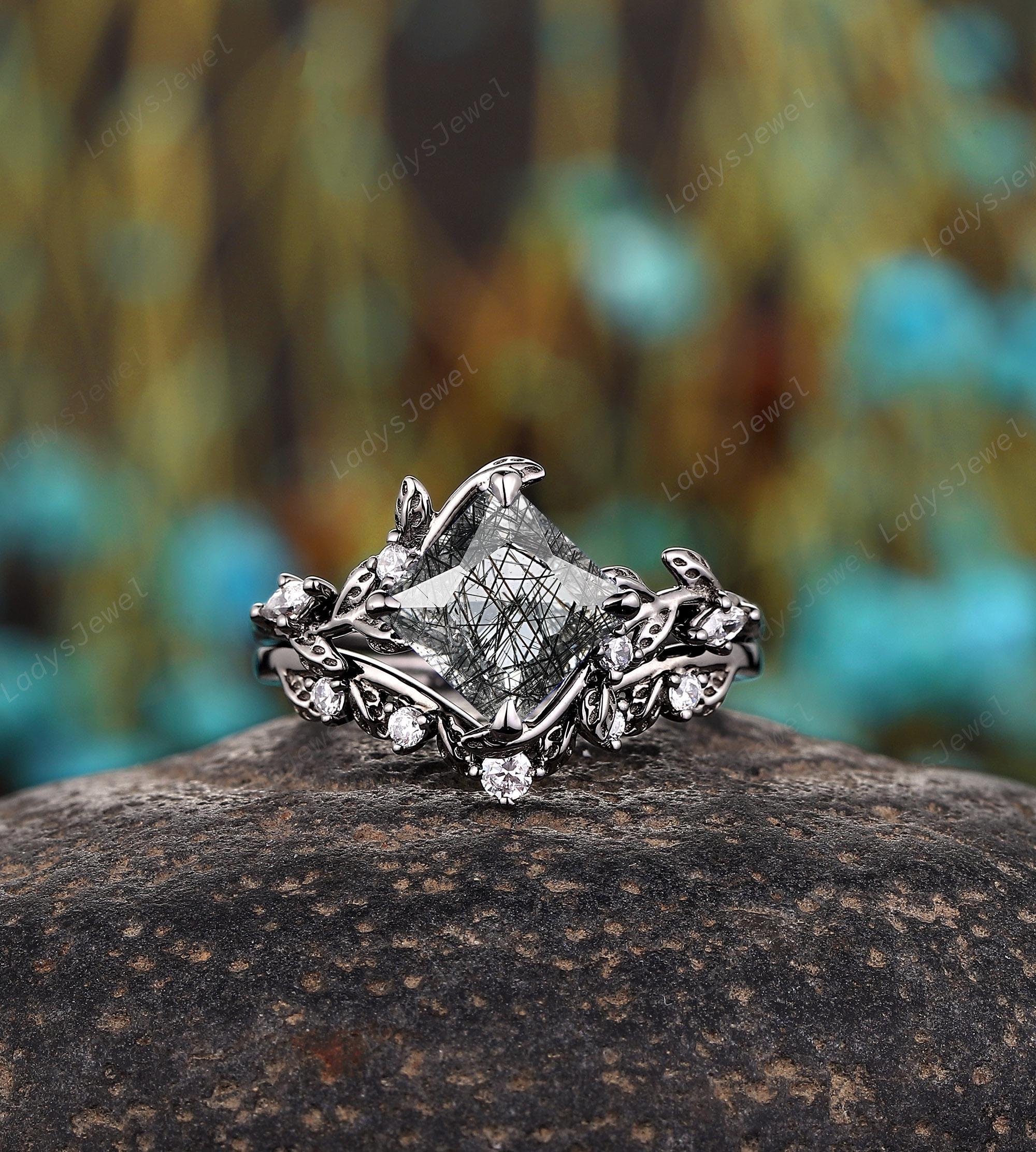Gothic Princess Cut Black Rutilated Quartz Bridal Set 14K Black