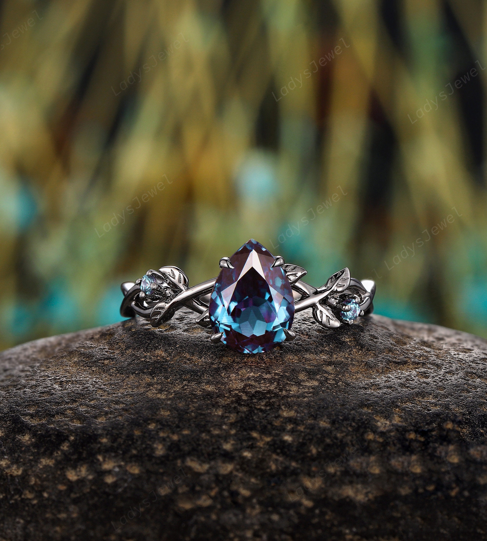 Gothic Pear Cut Alexandrite Engagement Ring Black Gold Wedding