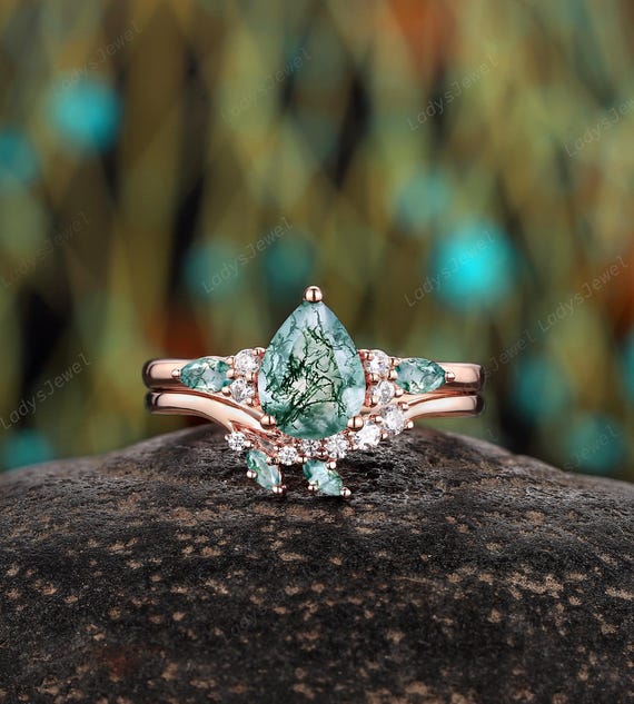 Nature Inspired Moss Agate Engagement Ring Set Platinum Pear Cut
