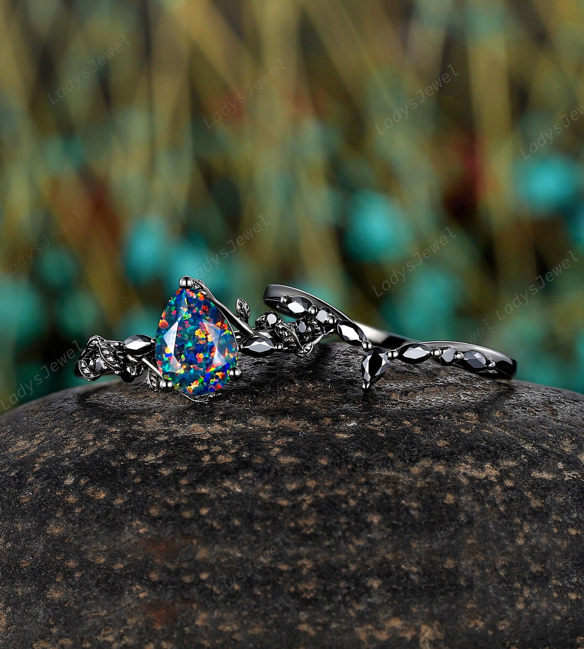 Pear Cut Facet Black Fire Opal Engagement Ring Rhodium Black Gold
