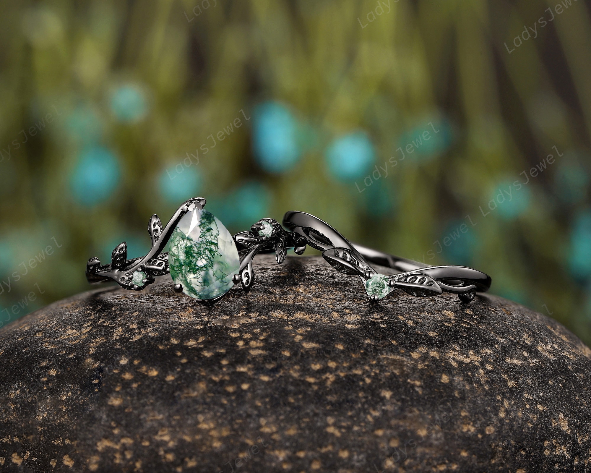 Gothic Natural Moss Agate Bridal Set, Rhodium Black Gold Hip Hop