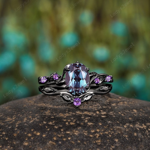 Gothic Oval Cut Alexandrite Engagement Ring Set Rhodium Black Gold