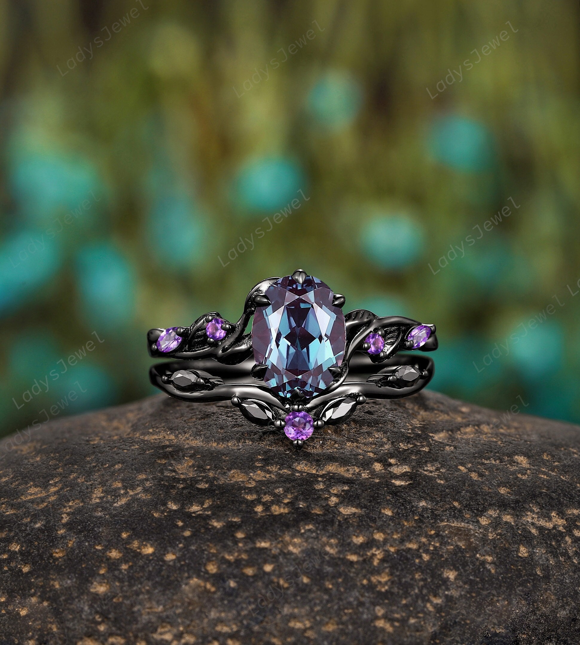 Gothic Oval Cut Alexandrite Engagement Ring Set Rhodium Black Gold