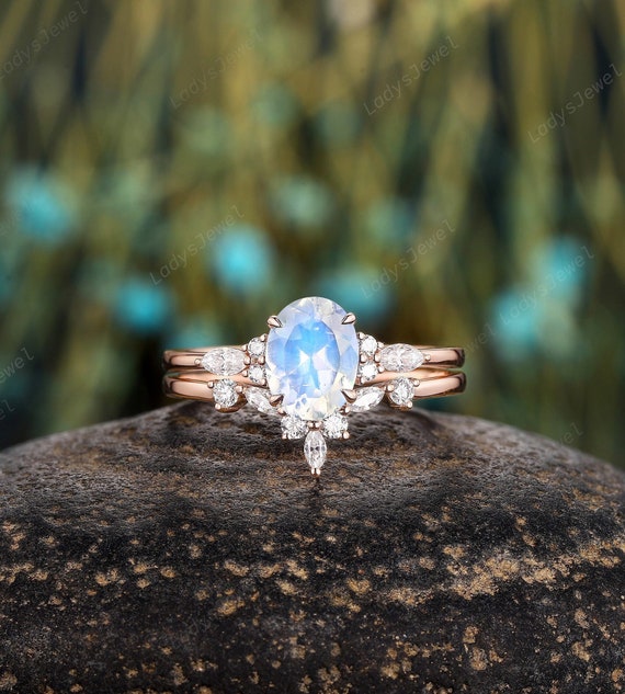 Unique Oval Shape Blue Moonstone Engagement Ring Set, Rose Gold