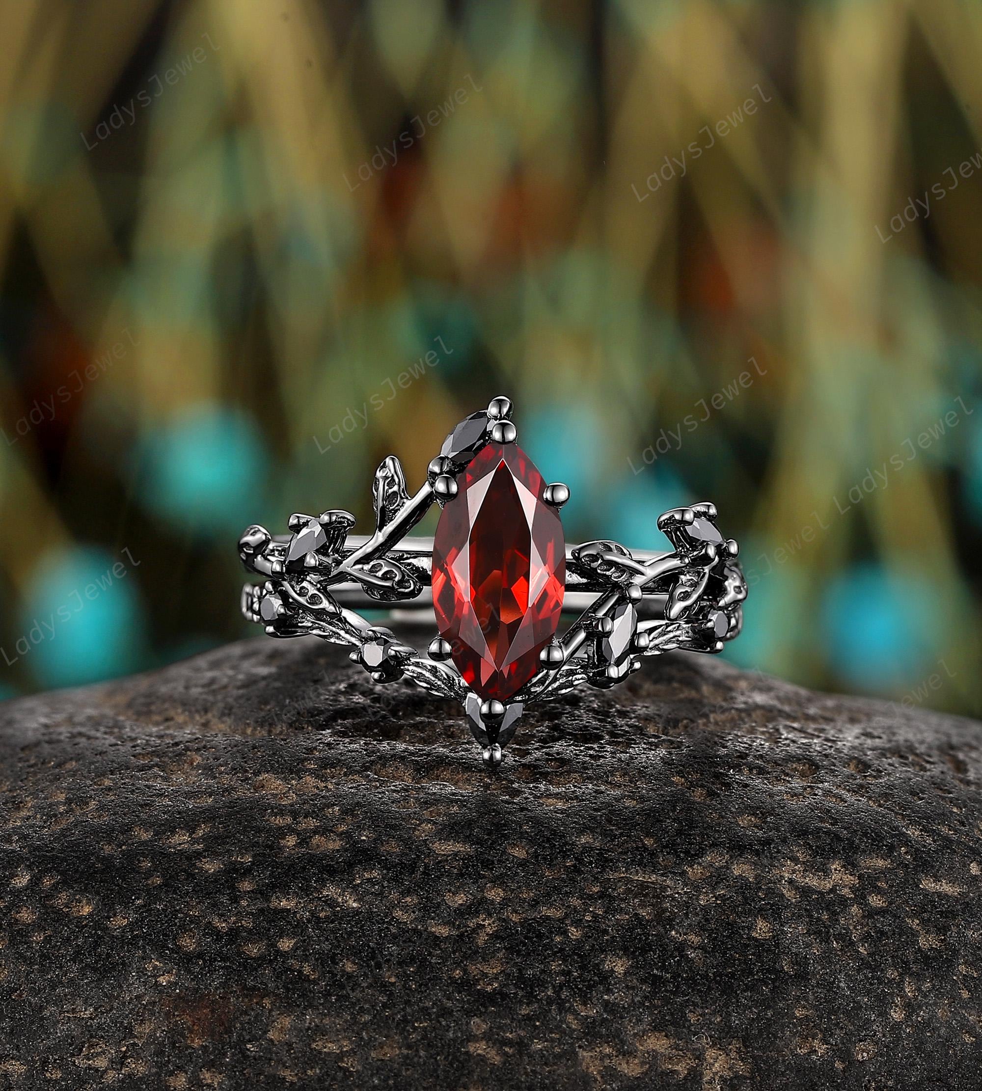 Nature Inspired Marquise Cut Garnet Engagement Rings Rhodium Black