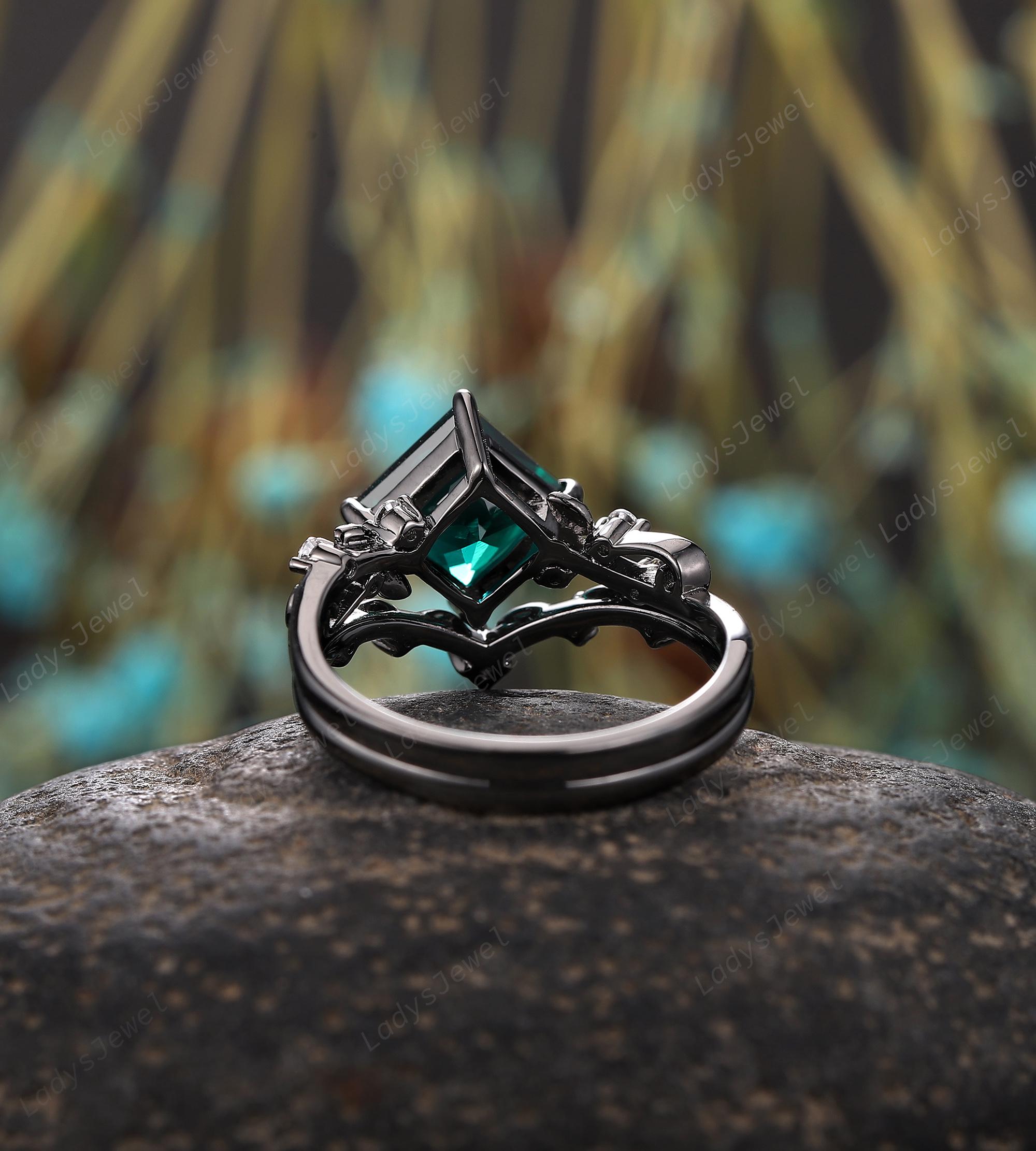Gothic Princess Cut Emerald Engagement Ring Set Rhodium Black Gold