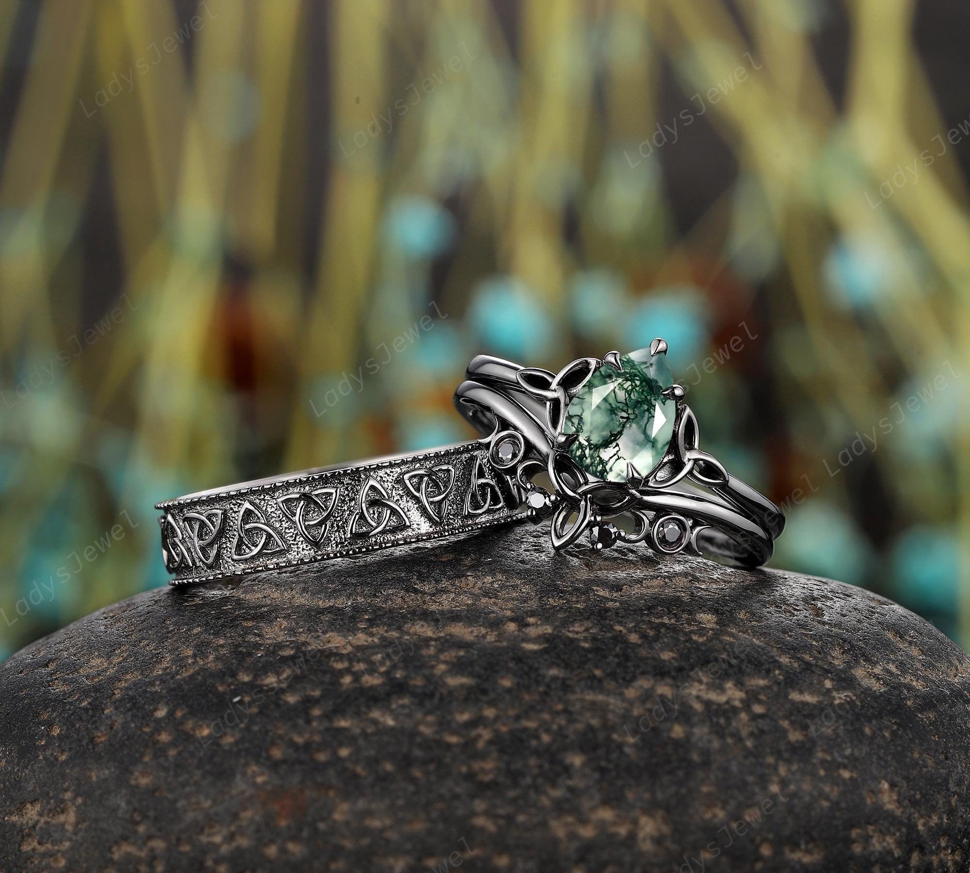 Pear Cut Moss Agate His and Hers Wedding Bands Celtic Knot