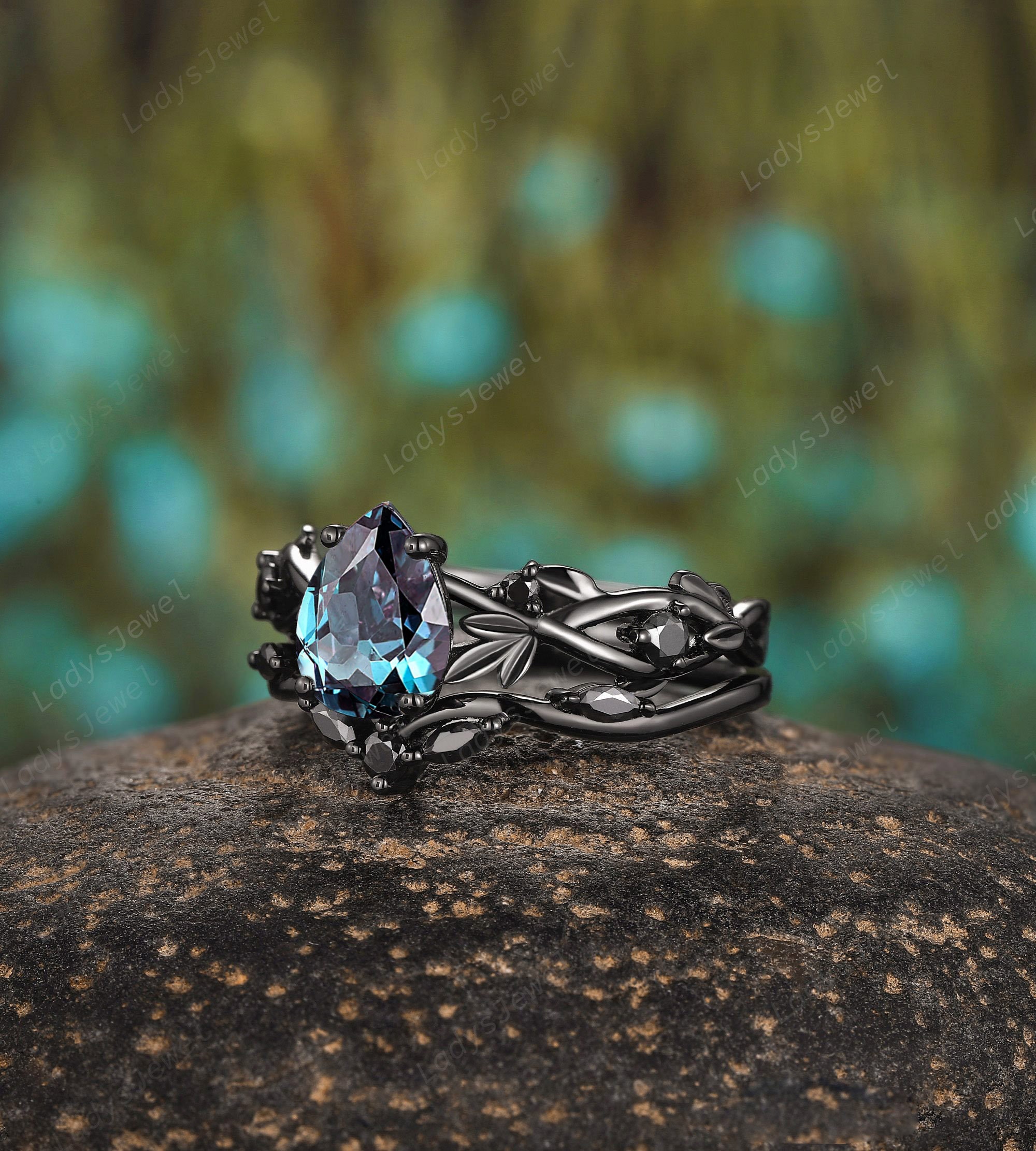 Gothic Pear Cut Alexandrite Engagement Ring Set Vintage June