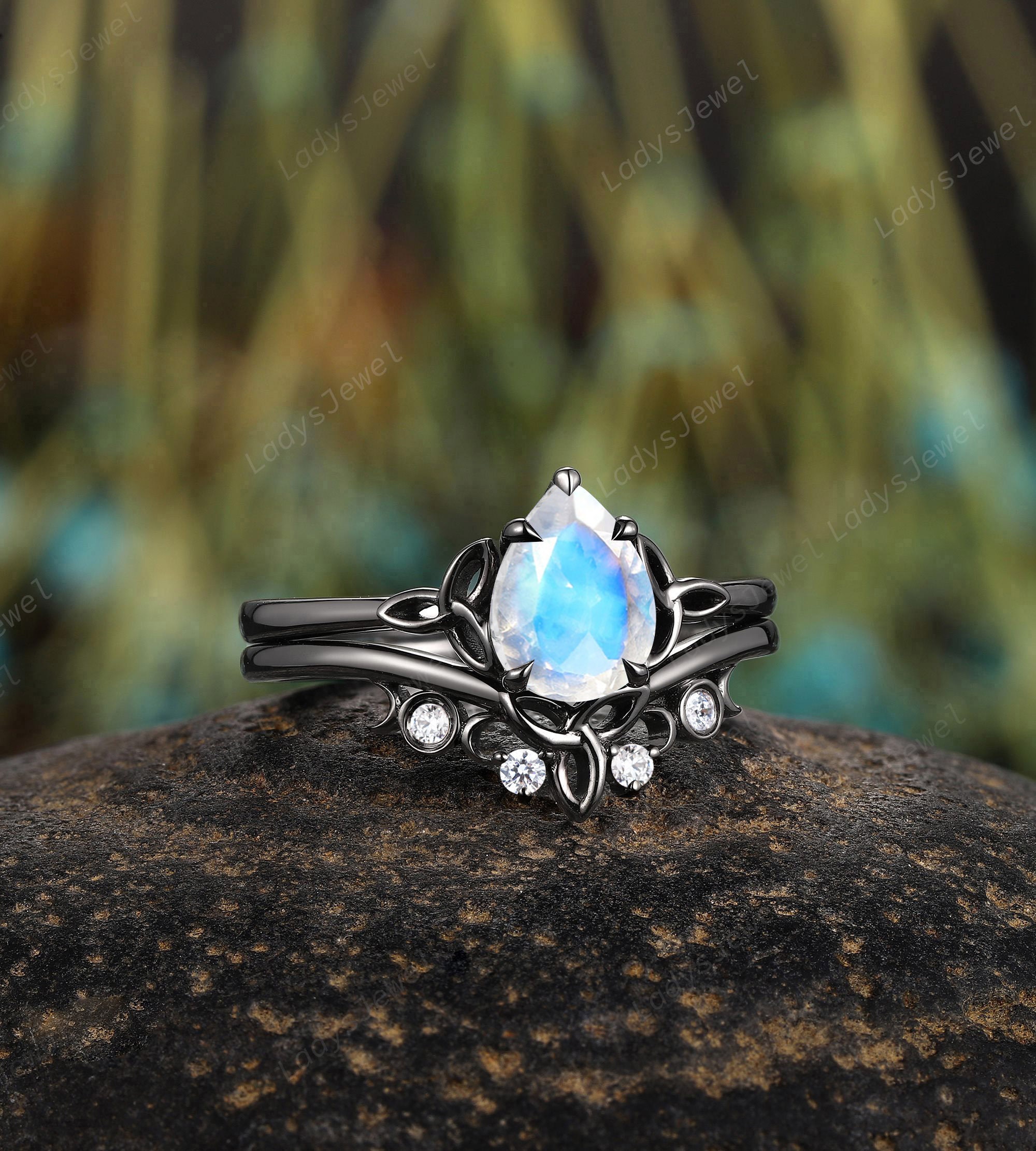 Celtic Pear Cut Moonstone Gothic Bridal Set, Rhodium Black Gold