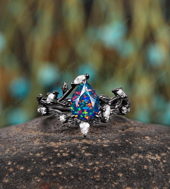 Pear Cut Facet Black Opal Gothic Engagement Ring, Rhodium Black