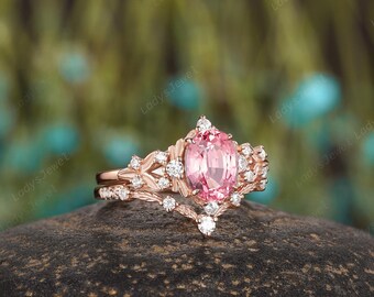 2CT Oval Shape Pink Sapphire Engagement Ring Set, Peach Pink
