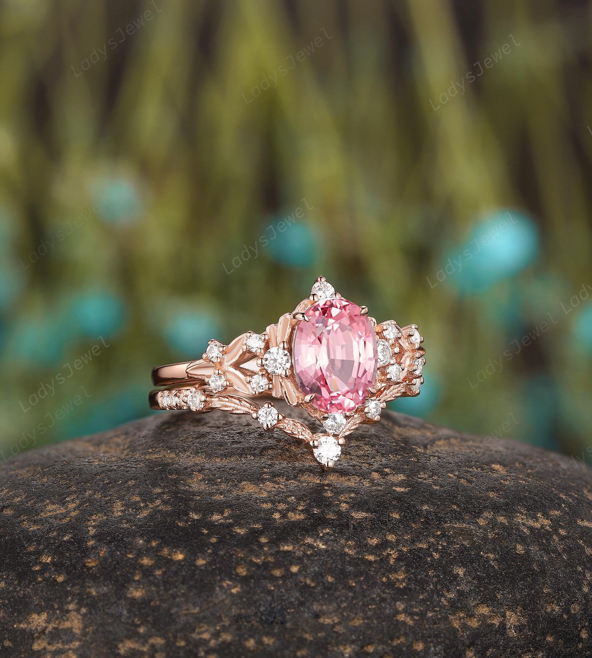 2CT Oval Shape Pink Sapphire Engagement Ring Set, Peach Pink