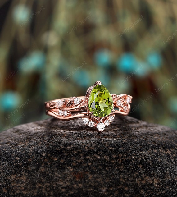 Vintage Pear Shape Peridot Engagement Ring Set Twig Branch Peridot Promise Ring Leaf Wedding Anniversary Ring Gift for Women Bridal Set Etsy