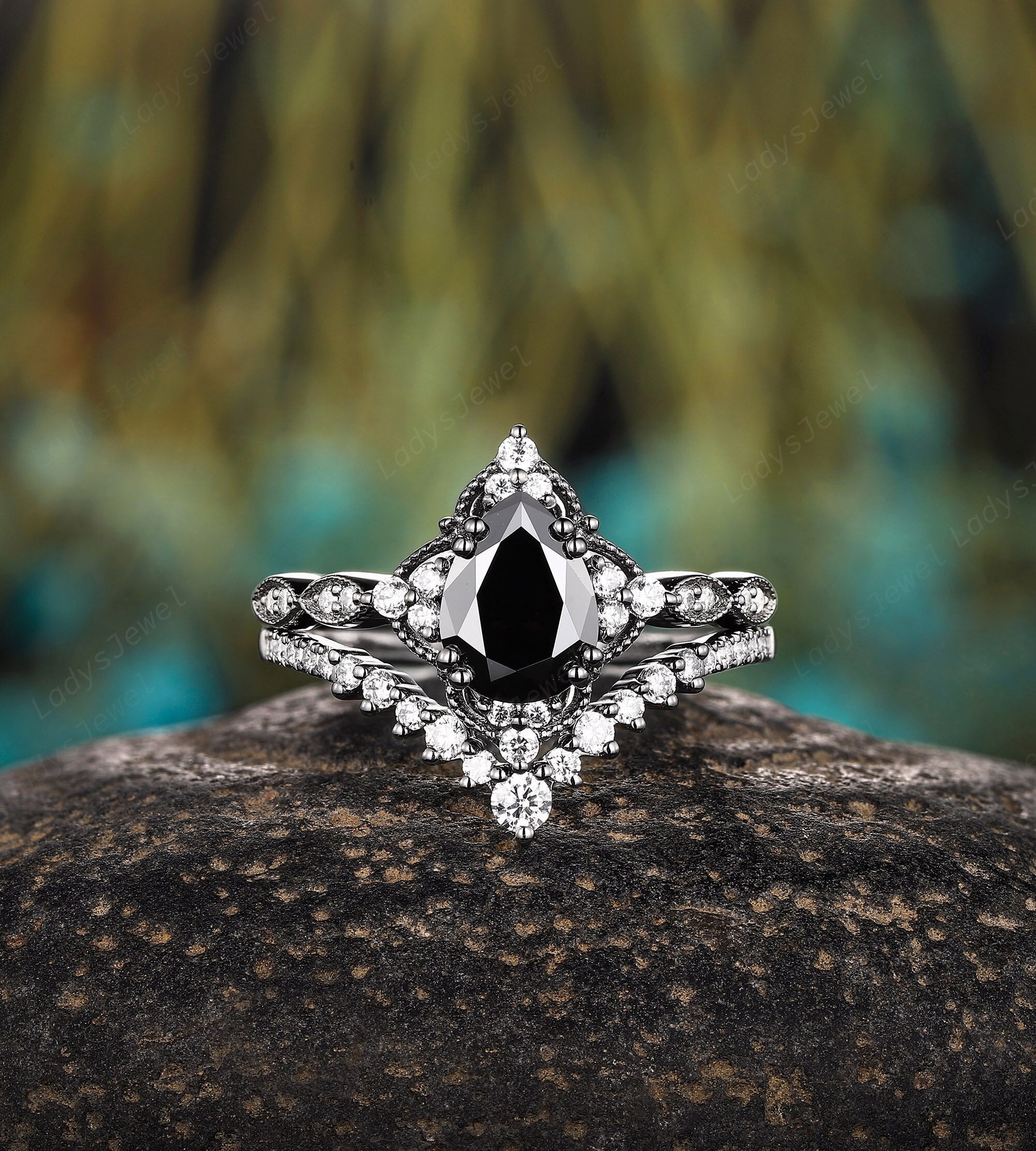 Gothic Pear Black Moissanite and Diamond Engagement Ring, Rhodium
