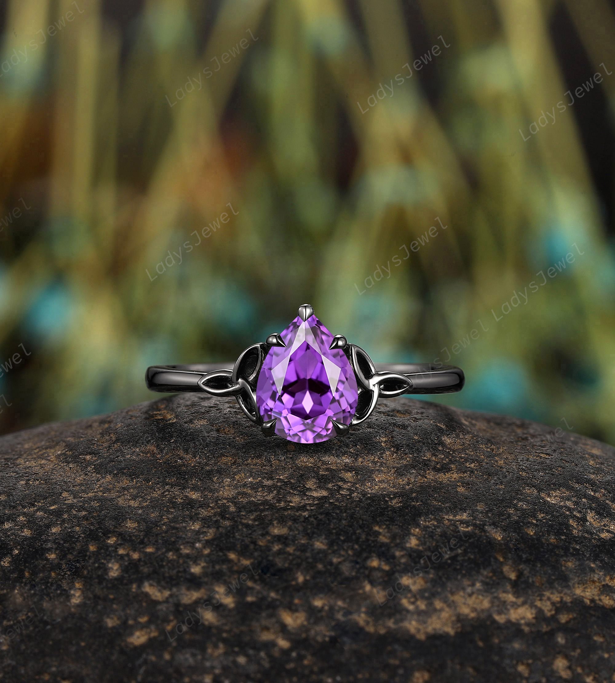 Gothic Pear Cut Purple Sapphire Engagement Ring Set Rhodium Black